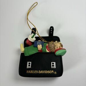 RARE HARLEY DAVIDSON CHRISTMAS ORNAMENT SANTAS ELF ON A SADDLEBAG DATED 1997 VTG